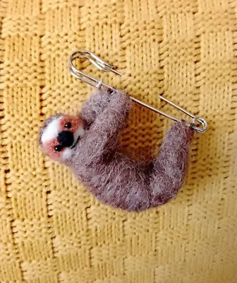 Needle Felted Sloth Brooch. Unique Very Cute Brown Sloth On Kilt Pin. Sloth Pin. • £18.99
