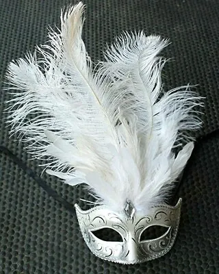 Ladies Silver & White Feather Venetian Masquerade Ball Carnival Party Eye Mask • £16.95