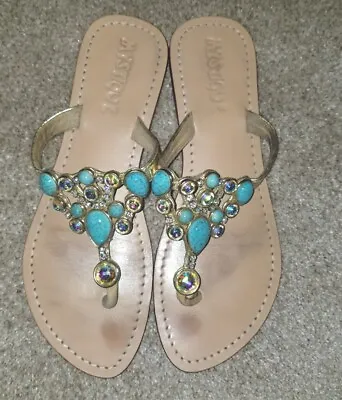 Mystique Turquoise Stones Crystal Beaded Jeweled Leather Sandals  8 Gorgeous! • $56