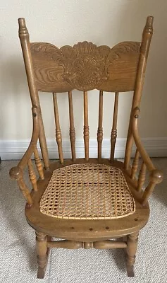 Vintage Antique Oak Pressed Back Child's Rocking Chair With Hand Caned Seat 27” • $75