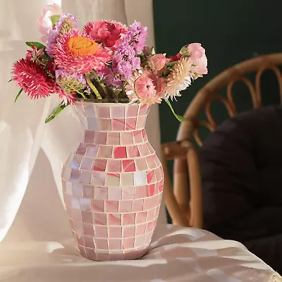 Pink Flower Vase For Decor - Pink Mosaic Glass Vase Handmade Modern Decorative F • $41.99