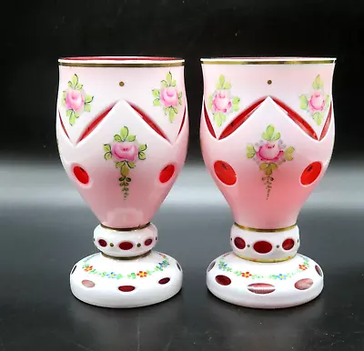 Vintage Set Bohemian Vases Cut Milk Glass To Red Hand Painted Roses Gold Accents • $110