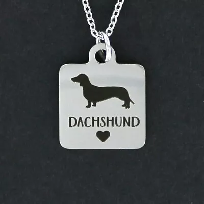 DACHSHUND Necklace - Stainless Steel Charm On Chain Square Heart Dog Engraved • $19