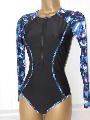 Black / Blue Zip Up Long Sleeve Rash Swimsuit Size 12 Ladies Swimwear • £4.99
