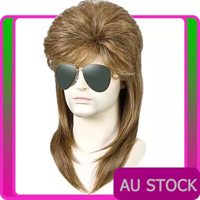 Mens Brown  80s Mullet Wig Long 1980s Disco Bogan Punk Rock Party Costume Wigs • $12.39