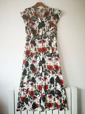 H&M TREND Cream Red Floral Poppy Button Down Midi Maxi Dress Size XS 6 8 EU 34 • $28.62