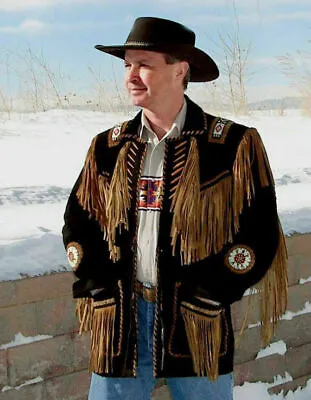 Western Cowboy Suede Leather Jacket For Mens Native American Beads Fringe Jacket • $109.99