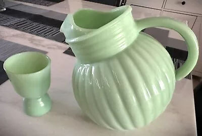Vintage Fire King Jadeite Green Glass Double Sided Egg Cup And Jadeite Pitcher • $49