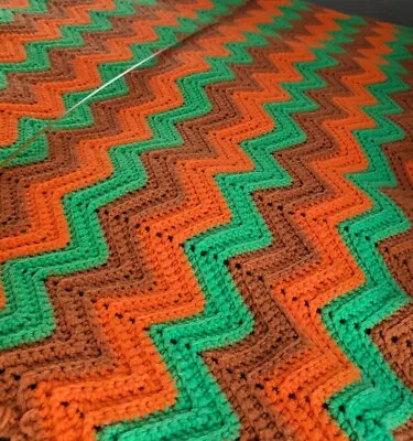 VINTAGE Hand Crocheted Chevron Pattern BLANKET AFGHAN THROW 72” X 51” 70'S Mcm • $26.99