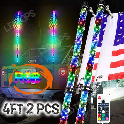 Pair 4ft RGB Spiral LED Whip Lights Antenna Chase + US Flag & Remote For ATV UTV • $89.99