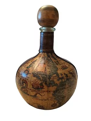 349) Vintage World Map  Italy Leather Wrapped Glass  Whiskey Decanter 10.5 Tall • $17