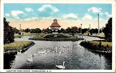 Hampton Park Scene Charleston SC Many White Swans Gazebo Island Postcard Unused • $3