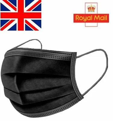 Black Disposable Face Masks 3 Ply Medical Surgical Face Covers Anti Dust • £4.69