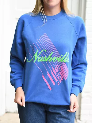 Vintage Nashville Crewneck Sweatshirt Crew Blue Large Music City Sweater • $11.99