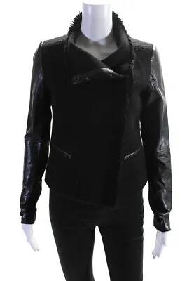 Vince Womens Leather Sleeve Woven Fringe Asymmetrical Jacket Black Size XS • $106.01