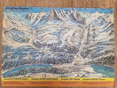 Vintage 1970's Ski Map / Poster -  JUNGFRAU REGION Switzerland - Interlaken Etc • £10