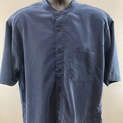 Alfani Collarless Shirt Mens Large Blue Short Sleeve Loose Fit Tunic Style • $18.95