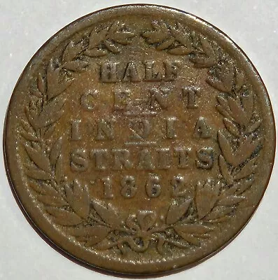 1862 British India Gov. Straits Settlements Victoria 1/2 Cent Km-5 Scarce Coin • $4.25