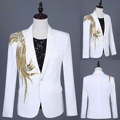 Men Sequin Detail Suit Blazer Fancy Formal Dress Slim Jacket Coat Party Showman • $67.49