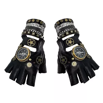 Steampunk Cosplay Compass Gloves Gears Fingerless Genuine Leather Gloves Men • $18.99