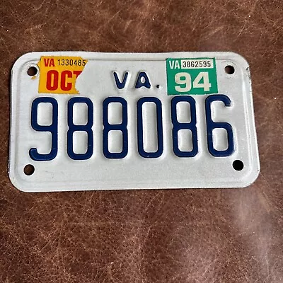 Virginia Motorcycle 🏍 License Plate Tag # 988086 1994 Sticker Vintage VA OCT • $14.75