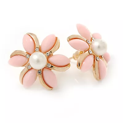£7 • Buy Baby Pink Acrylic, Crystal Flower Stud Earrings In Gold Tone - 20mm D