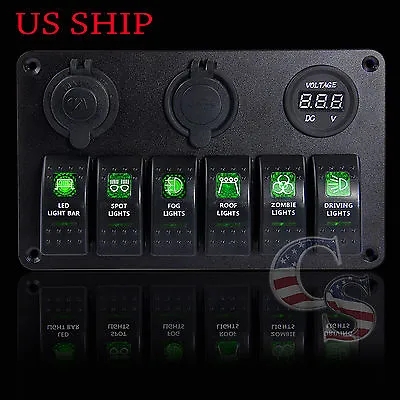 $34.75 • Buy Car Marine Boat 6 Gang Waterproof Circuit Green LED Rocker Switch Panel Breaker