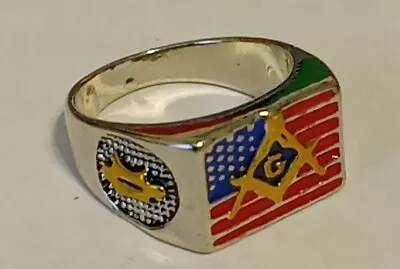 Masonic Silver USA Flag Ring Size 10 Freemason Square Compass Master Mason  • $9.99