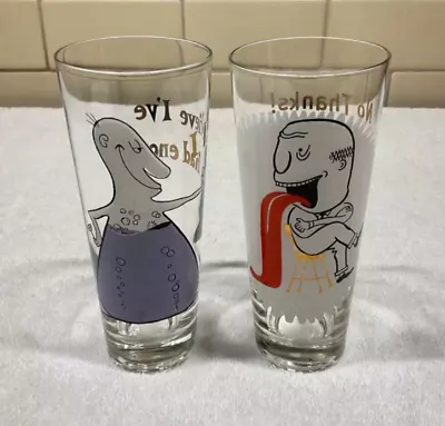 2 Vintage Mid-Century Humorous Novelty Cocktail Bar Glasses 7”x2.75” 12oz Funny • $12.95