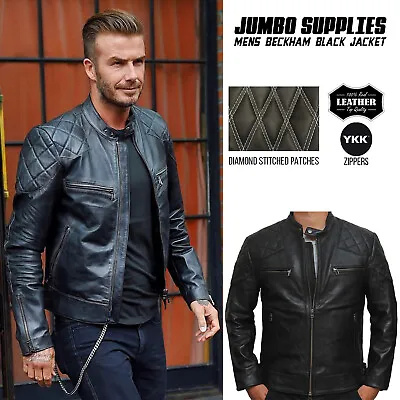 Mens BECKHAM Leather Jacket Black Quilted Retro Biker Style 100% Leather Jacket • £94.99