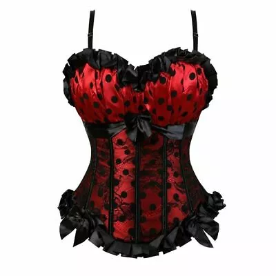 Ladies Sexy Lace Print Polka Dot Corset Bow Cup Zip Side Vintage Corset 2022 • $36.98