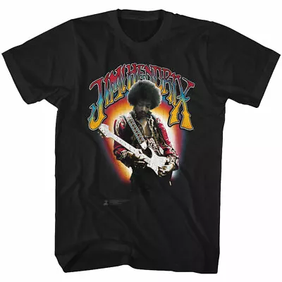 Jimi Hendrix Colorful Name Jimi Playing Guitar Men's T Shirt Rock Music Merch • $34.45