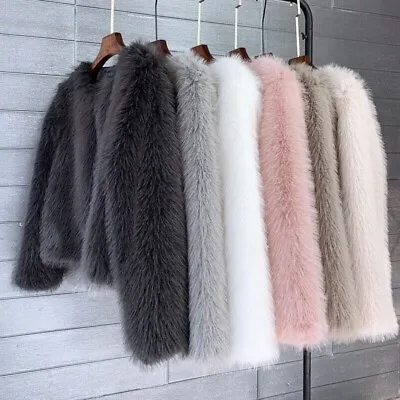 Womens Korean Fashion Solid Color Faux Fur Round Neck Jacket Winter Warm Outwear • $65.19