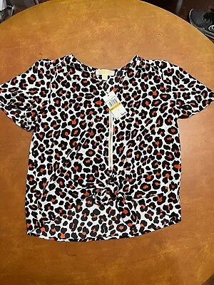 NWT Michael Kors Size S Leopard Print Cheetah Zip Top Blouse Short Sleeve MSRP • $19