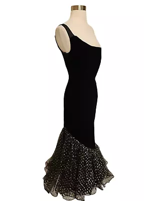 Womens 80s 90s Vintage Gown Black Velvet One Shoulder Neiman Marcus Hi Low Tulle • $124.99