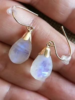 Natural Rainbow Moonstone Earrings Rainbow Blue Briolette Solid 9ct Gold Drop • $156.88