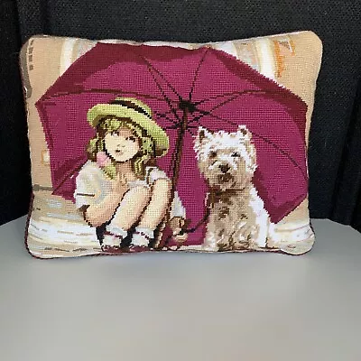 Vintage Needlepoint Dog Girl Umbrella 17x13  Pillow. Vibrant Colors. • $107.10