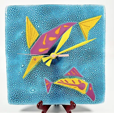 80S VINTAGE POP ART WALL CLOCK NEON FUSED ART GLASS FISH 10” X 10” POST MODERN • $72.29