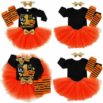 Newborn Baby Girl Kids 1st Halloween Pumpkin Tulle Tutu Dress Costume Outfit Set • £5.49