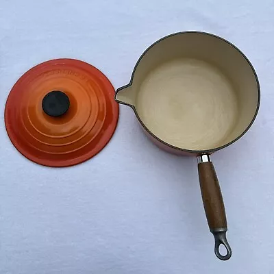 Le Creuset Size 20 Volcano Orange Cast Iron Sauce Pan Lid GOOD CONDITION Wooden • £59.99