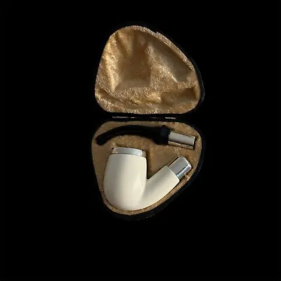 Smooth Block Meerschaum Pipe 925 Silver Unsmoked Smoking Tobacco W Case MD-280 • $180.40