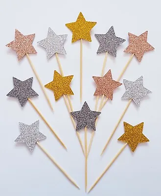 12 X GLITTER GOLD SILVER STARS Double-Sided Cupcake Cake Toppers Picks 1.5 Inch • £3.50