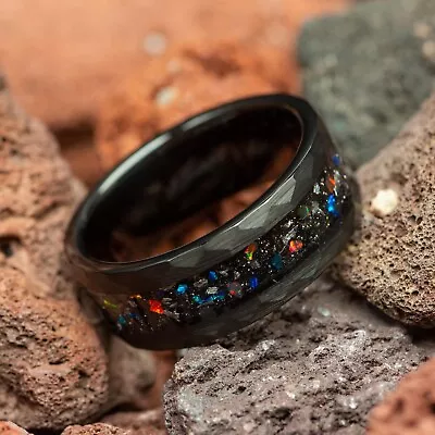 Meteorite & Galaxy Opal Hammered Black Tungsten Mens Wedding Ring 8mm • $119.98