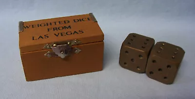 WEIGHTED BRASS DICE Vintage Pair Dice From Las Vegas In Wooden Hinge Box (A1) • $14.95