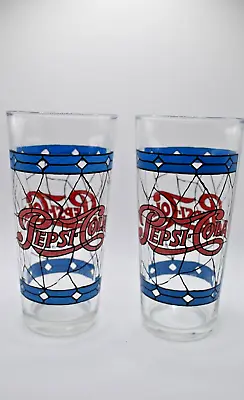 2 Vintage Pepsi Cola Tiffany Style Stained Glass Beverage Glasses 6.25 Inch Tall • $16