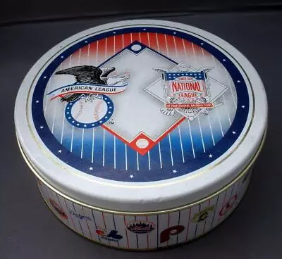 Vintage 1990 Major League Logos BASEBALL Olive Tin Round Box & Lid Collectible • $18.50