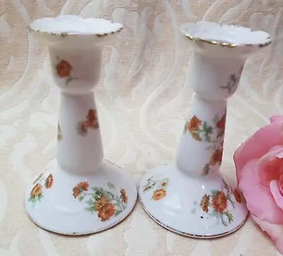 Pair Of Antique Limoges G D & C Orange Floral Candlesticks  • £8