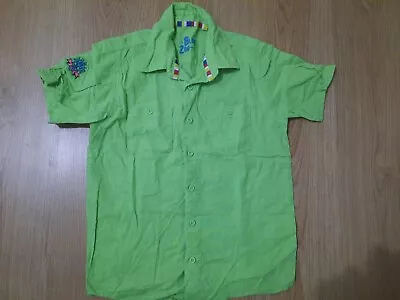 Kids Boys Blue Zoo Shirt Age 10 Green Linen Polo Top Holiday Travel Collared • £3.50
