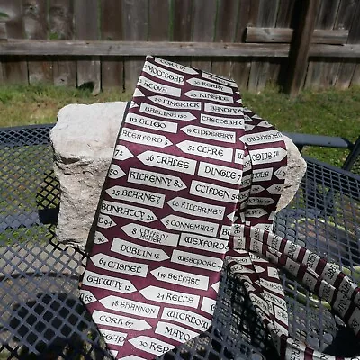 Irish Road Signs Silk Tie Burgundy White Necktie 58 X 4 Inches Traditional Craft • $10.88