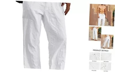  Mens Linen Pants Yoga Beach Loose Fit Casual Summer Elastic Waist Large White • $29.35